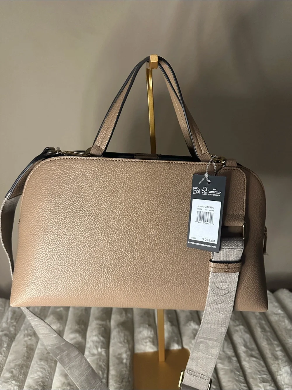 Karl Lagerfeld Taupe Pebble Leather Satchel with Graphic Accents